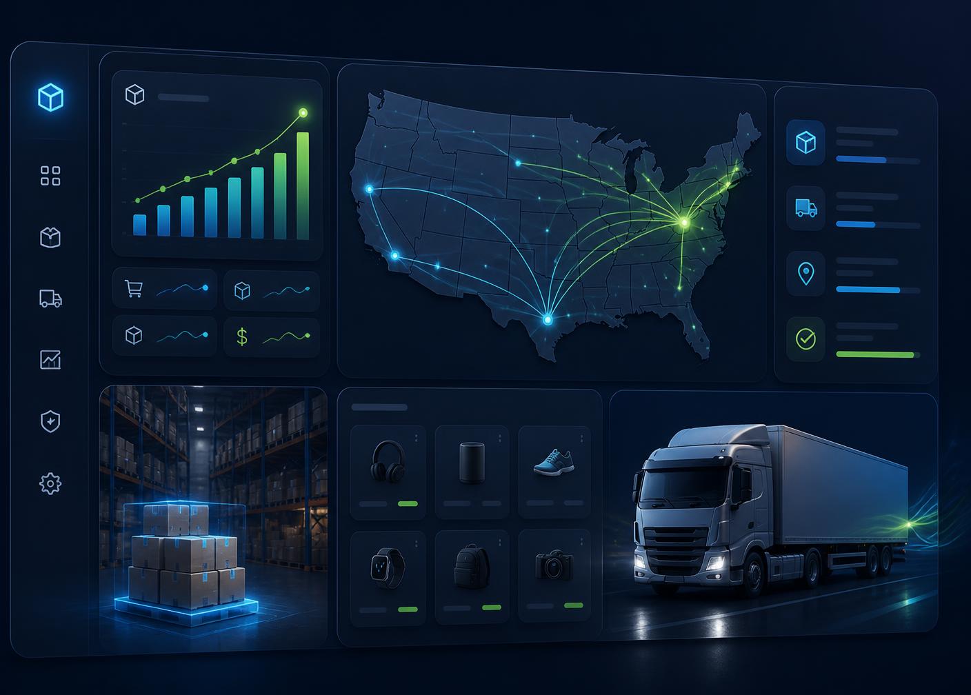 Sonar Bazar BD warehouse dashboard showing US shipping routes, live order analytics, and same-day fulfillment